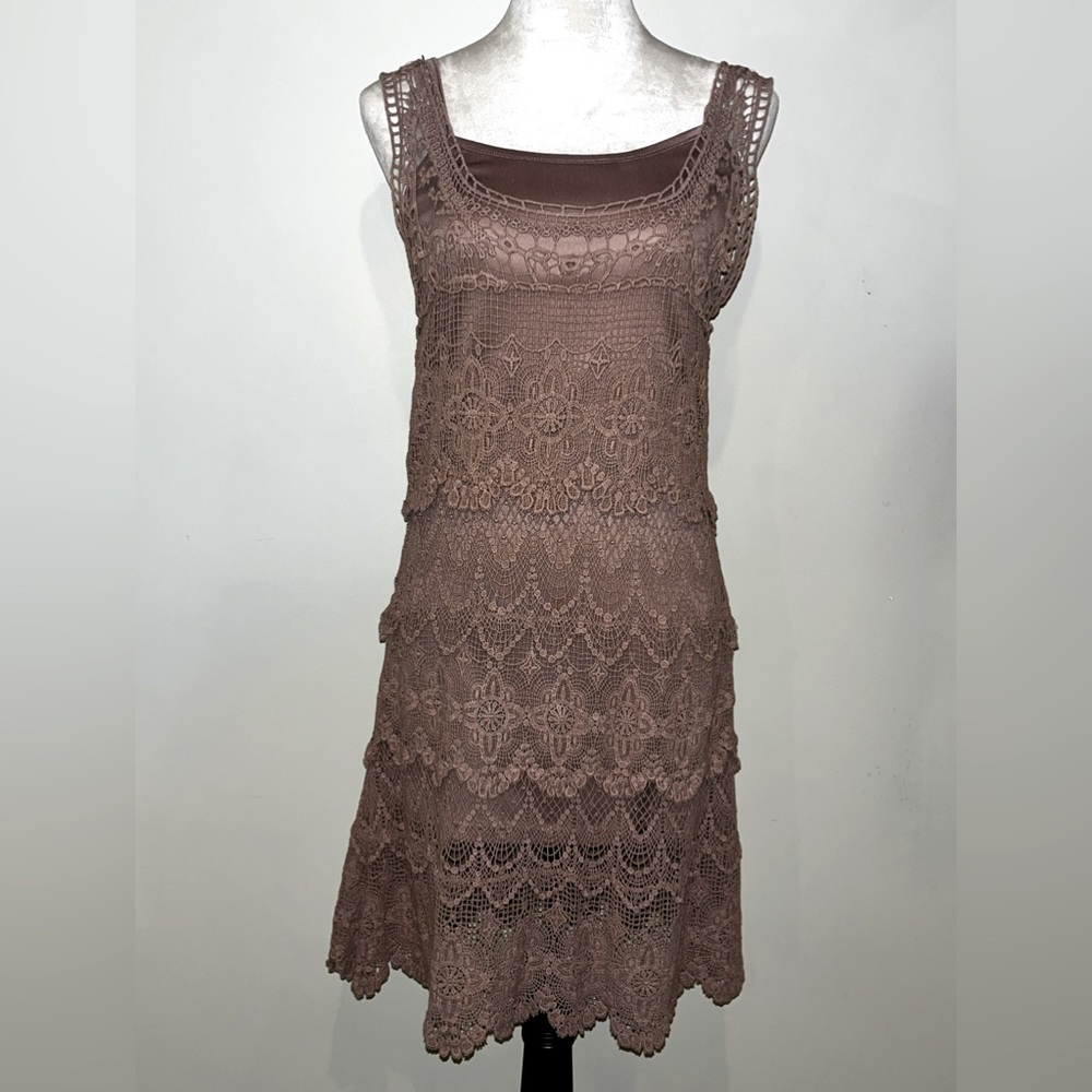 Women’s champagne chrochetlte knit dress with removable camisole underlay